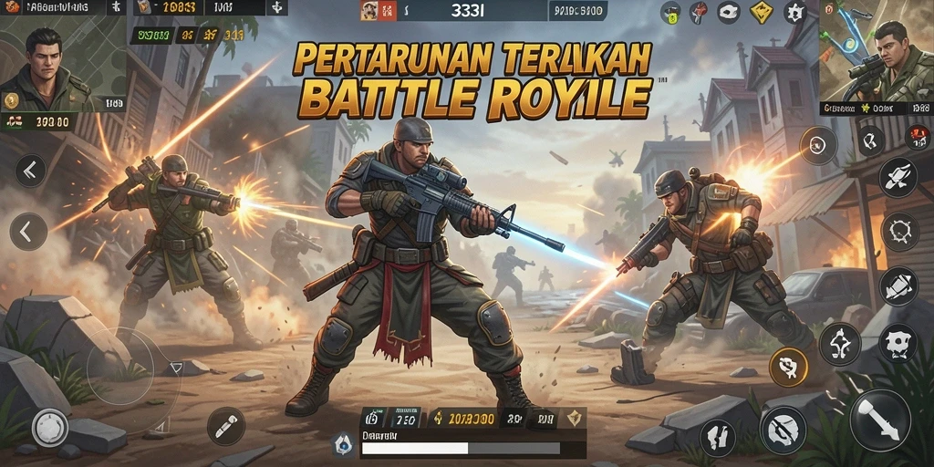 Screenshot utama yang menampilkan aksi pertempuran di Battle Royale.