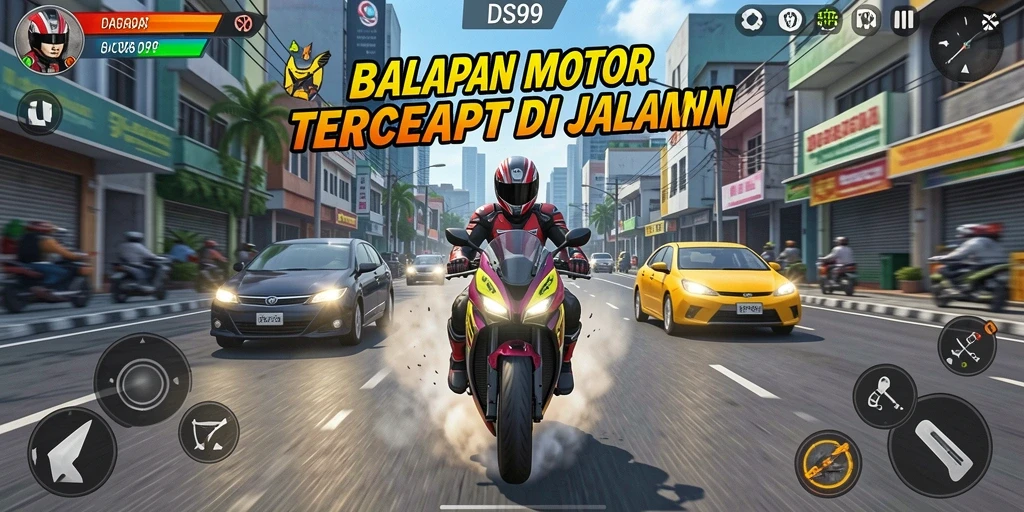 Tampilan gameplay balapan motor yang mendebarkan dan penuh aksi.