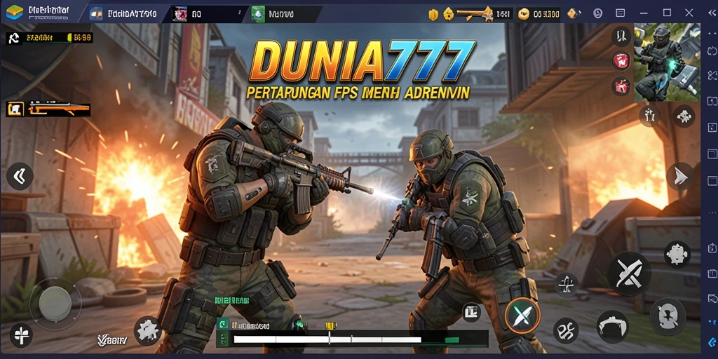 Screenshot utama DUNIA777 menampilkan aksi gameplay FPS yang intens.