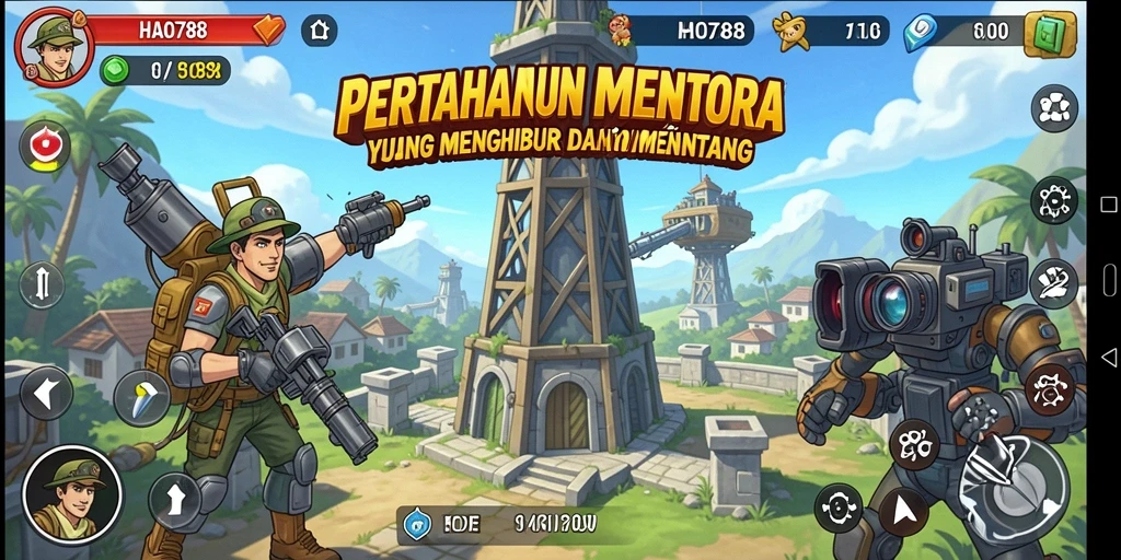 Tampilan gameplay HAO788 yang intens dengan menara pertahanan strategis.