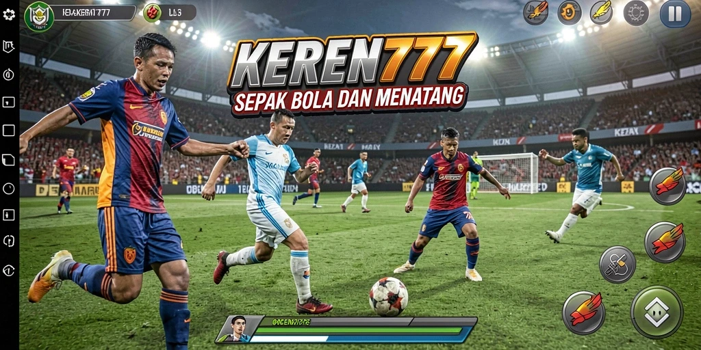 Screenshot dari gameplay KEREN777 menampilkan aksi seru dalam pertandingan sepak bola.