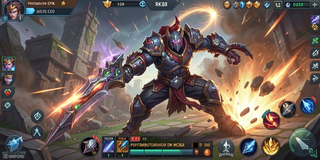 Tampilan gameplay MOBA yang mendebarkan dan dinamis.