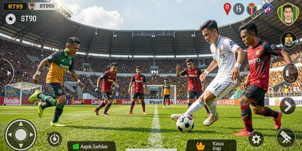 Tampilan gameplay RT99 yang memukau dengan aksi sepak bola yang dinamis.